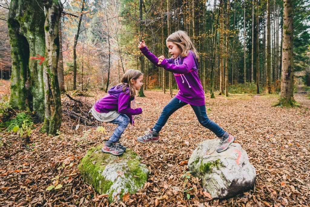 two little girls are playing on a rock in the woods .