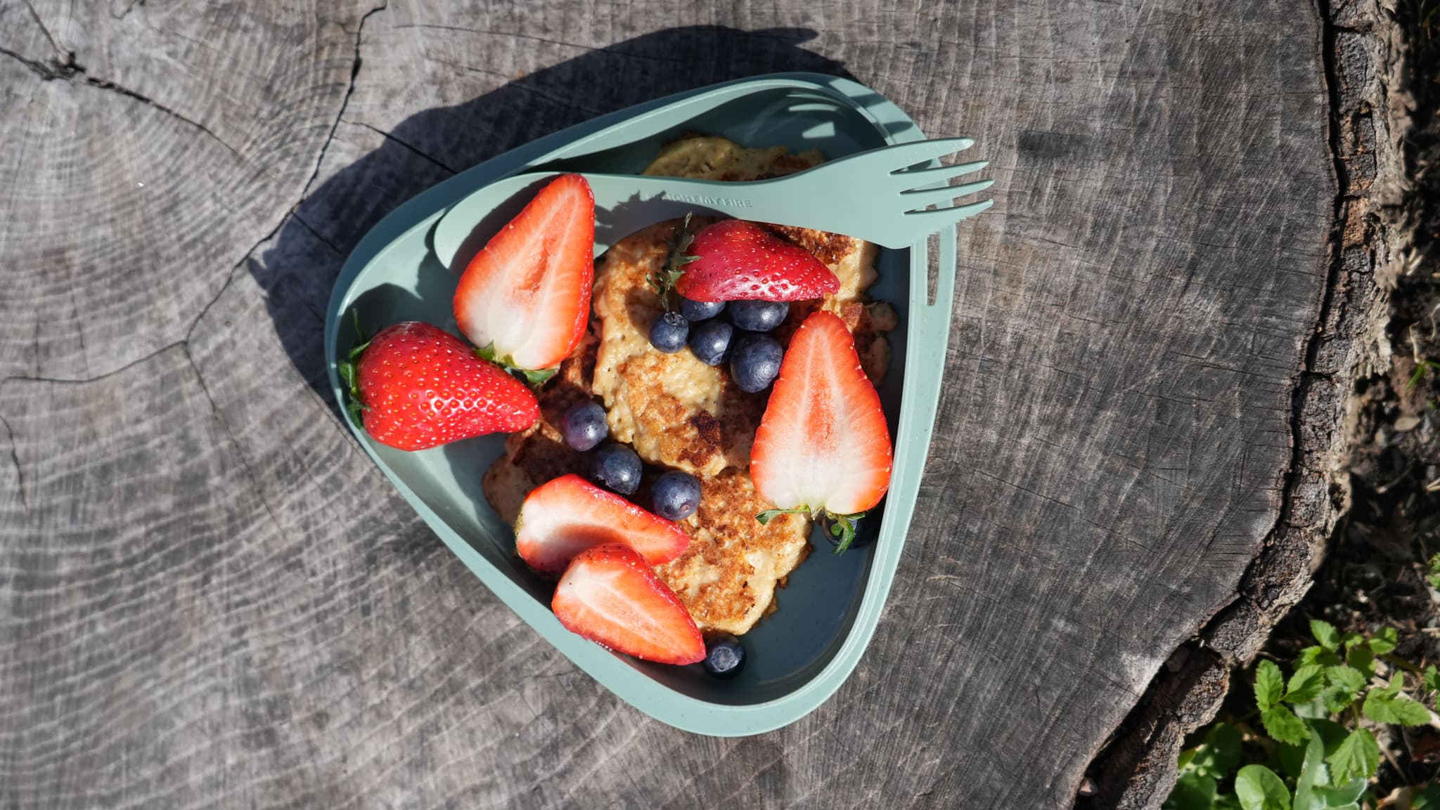 a plate of food with strawberries and blueberries on a tree stump .